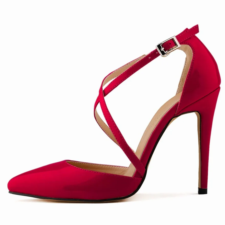 Sexy ritagli incrociati sandali da donna fibbia alla caviglia estiva tacchi alti sottili scarpe in pelle verniciata donna punta a punta abito pompe