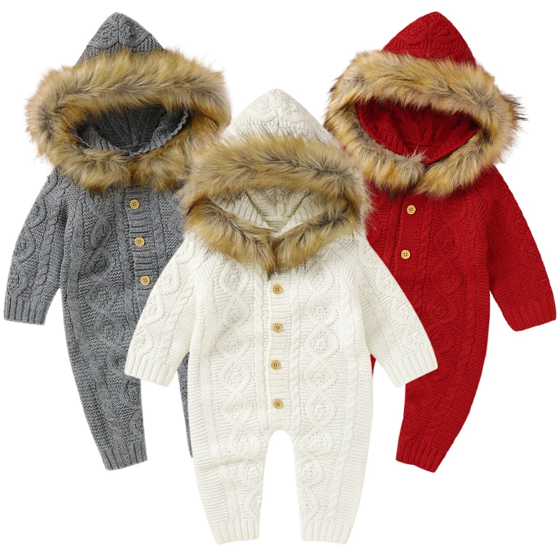 Winter Newborn Baby Clothes Rompers Hairy Hooded Rompers Autumn Baby Girl Boys Fashion Infant Costume Kids Toddler Knit Jumpsuit