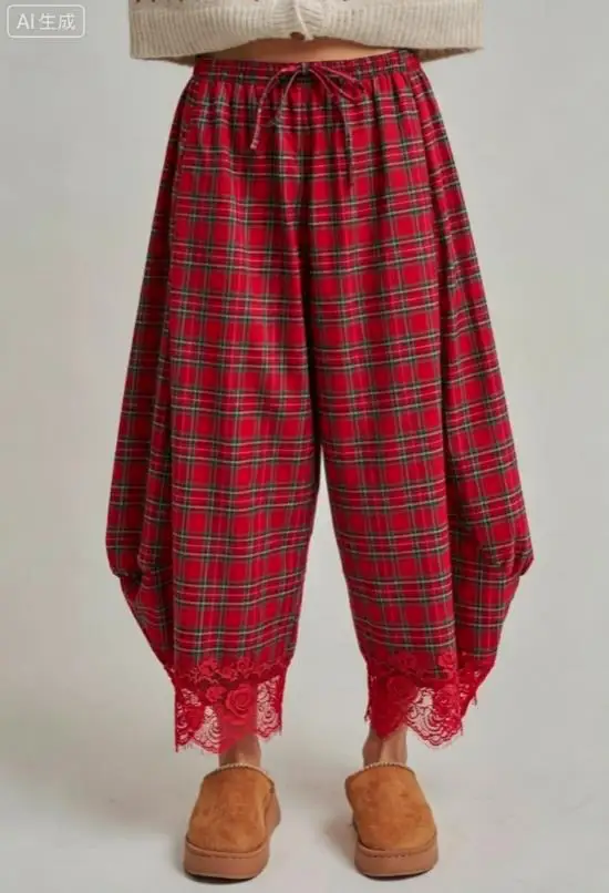 Women Y2k Plaid Lace Trim Cropped Pant Elastic Drawstring Loose Baggy Capri Pants Retro 90s Streetwear Y2K Coquette Bottoms