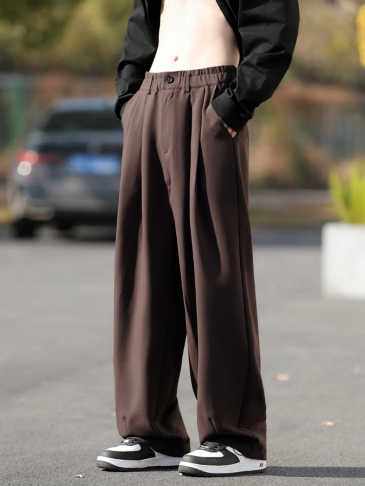 

Модные мужские свободные повседневные брюки прямого кроя со средней посадкой, весенне-осенние длинные брюки с эластичным поясом в гонконгском стиле