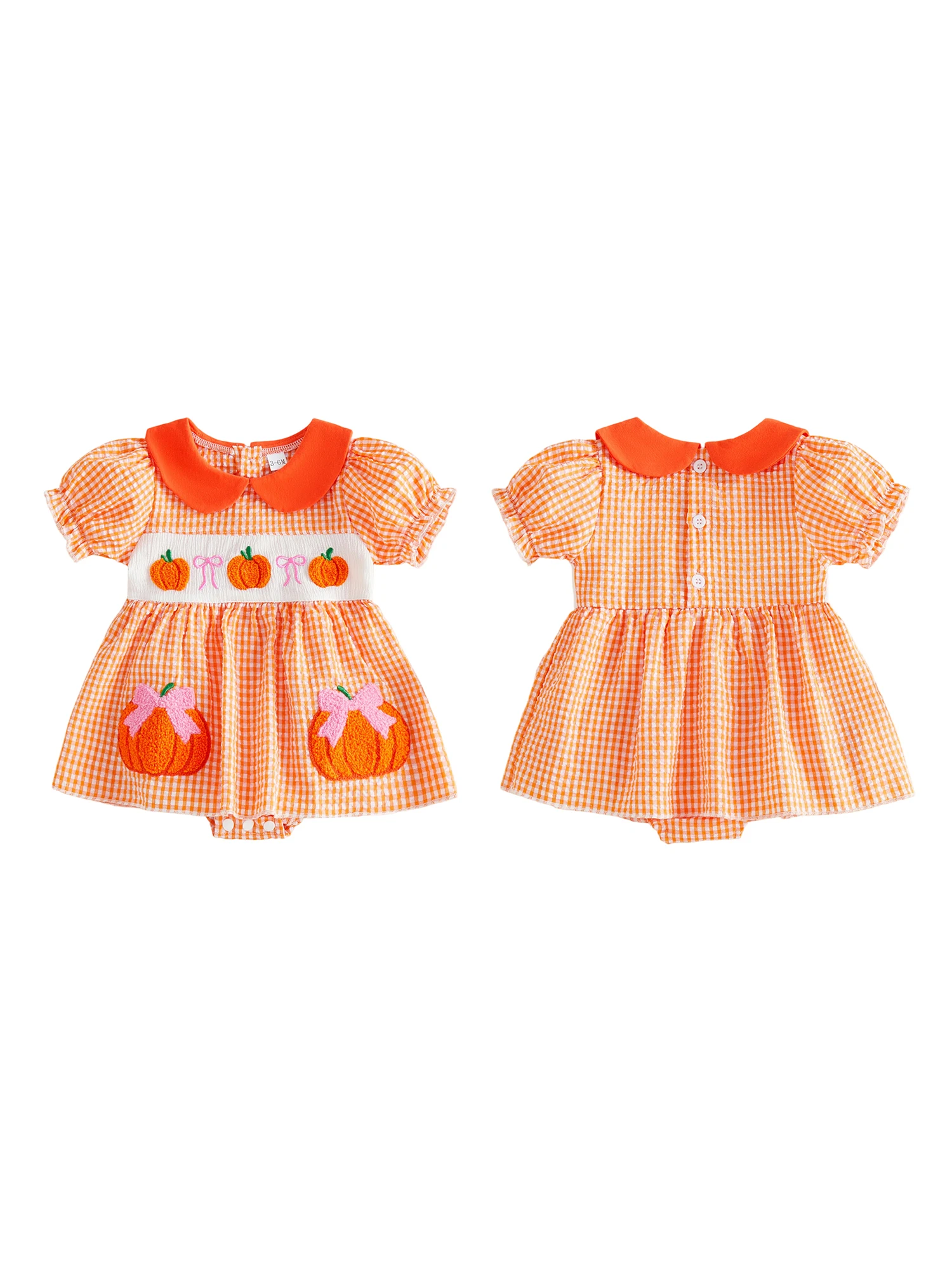 Collar Jumpsuit Infant Doll Collar Girl Collar Infant-Fall Embroidery Romper Dress Plaid Short Sleeve