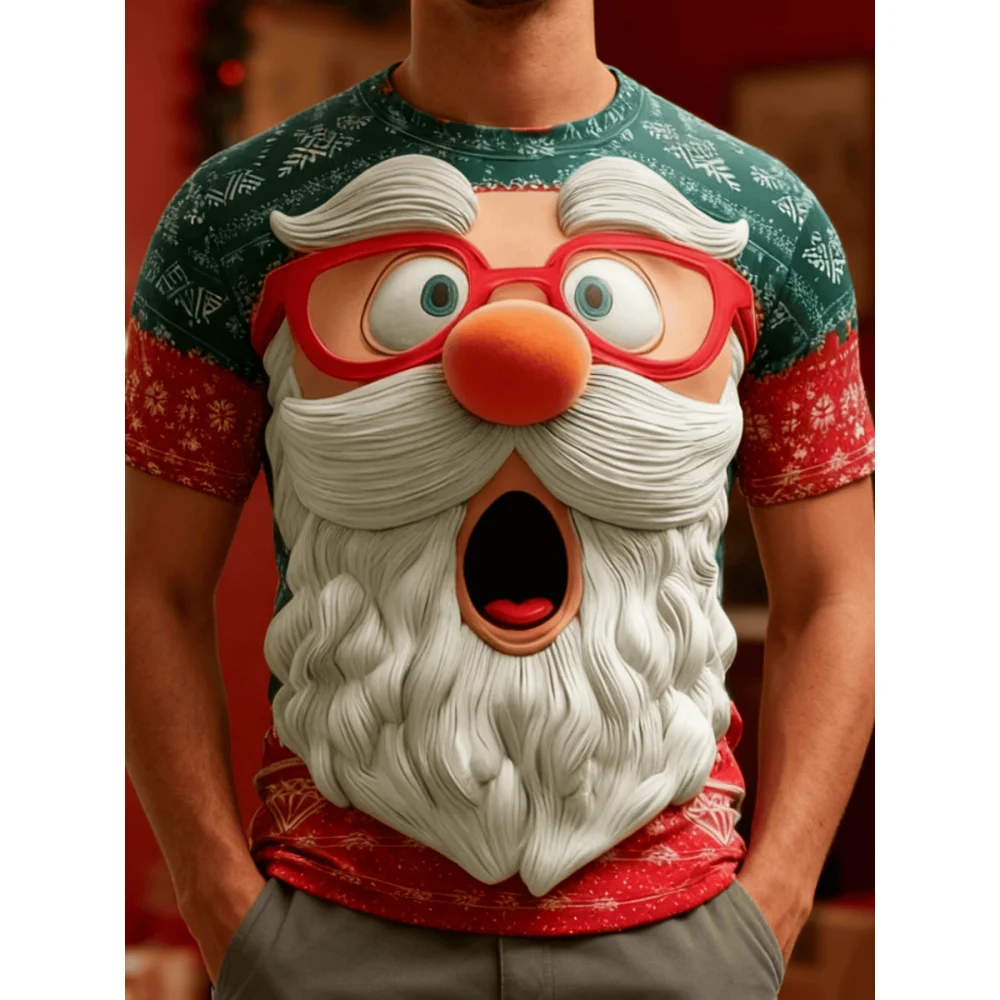 

Забавные футболки для мужчин с 3D принтом на лице Санта-Клауса, рождественские вечеринки, новинка, подарок, удобная мужская одежда с круглым вырезом и короткими рукавами