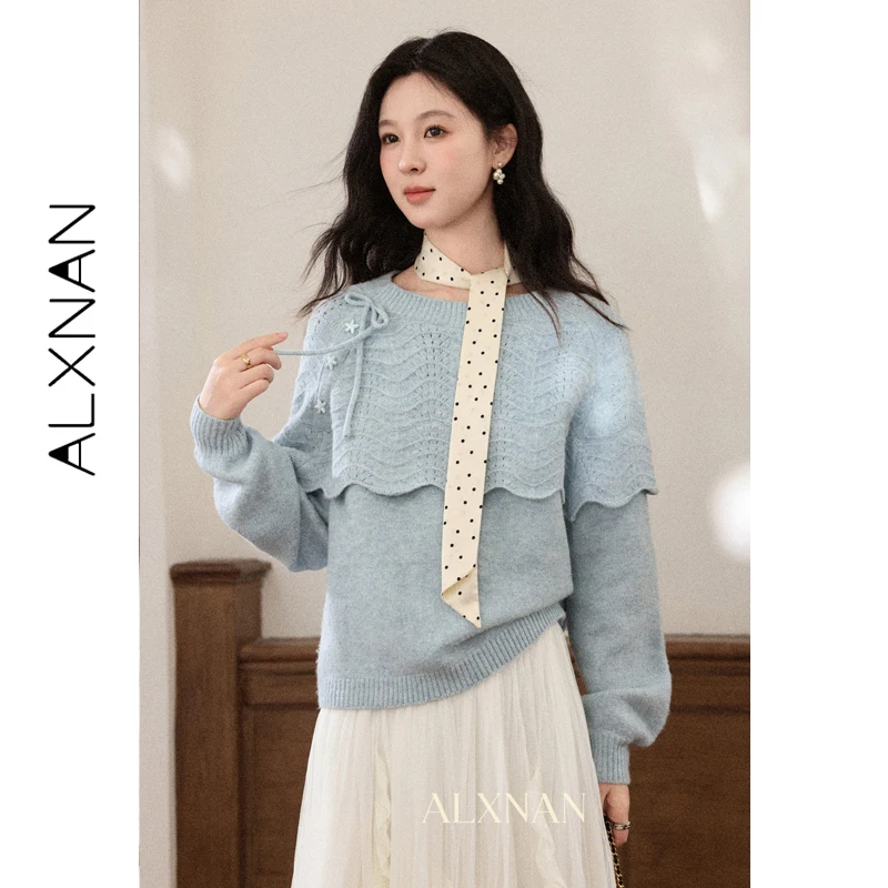 

ALXNAN Blue Sweater Women 2026 Spring Long Sleeve Knit Pullovers Warm Casual Elegant Loose-fit Fashion Jumpers Female L61001