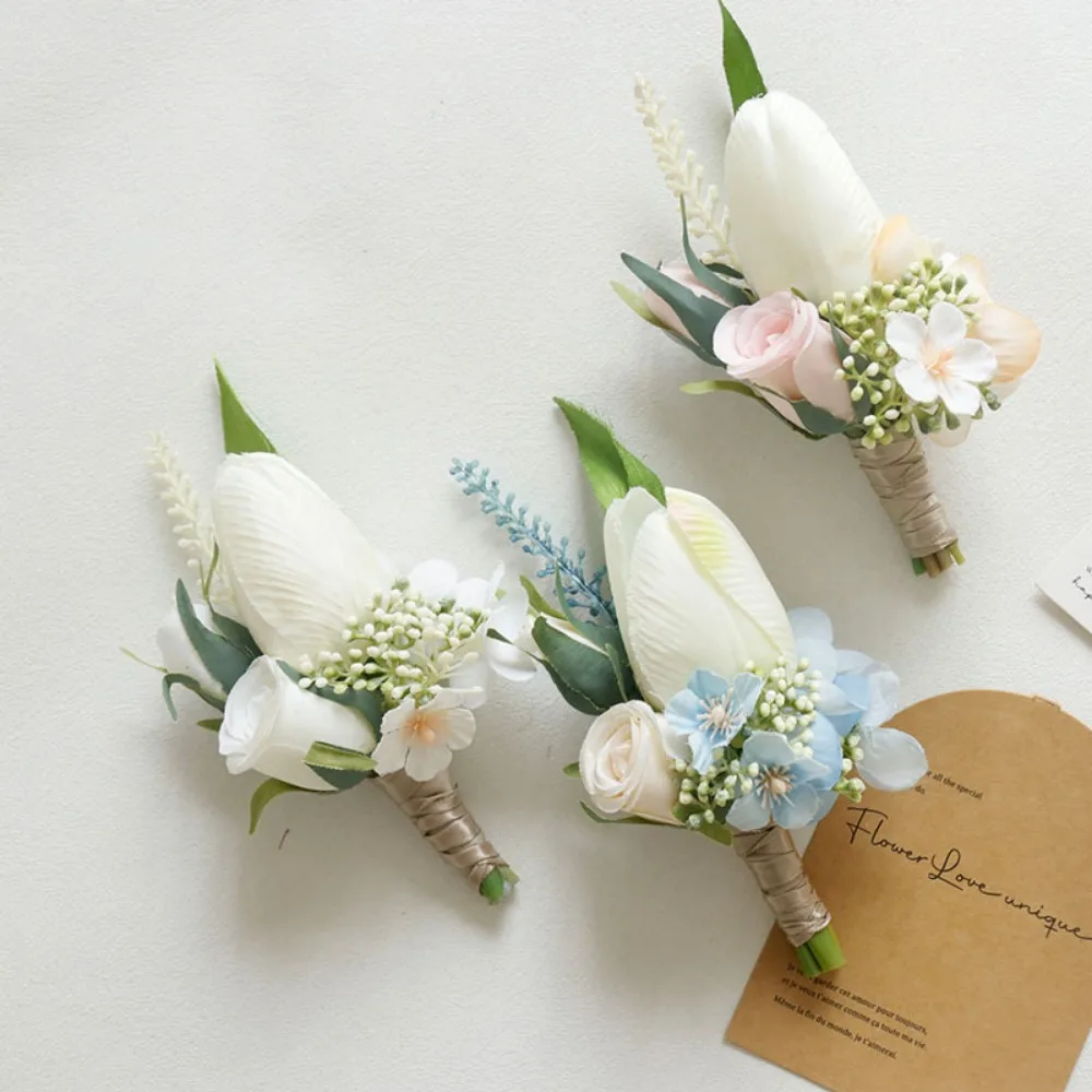 Tulip Corsage and Boutonniere Set for Wedding Prom Artificial Rose Flower Homecoming Corsage Boutonniere for Men Wedding