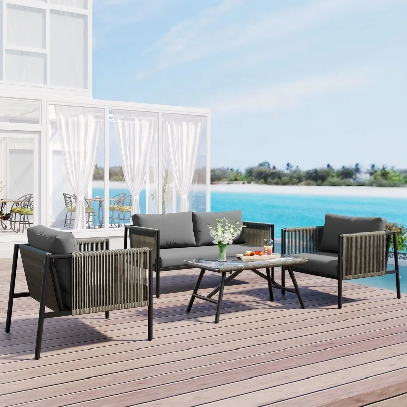 #Modern Outdoor Sofa Set with Thick Cushions and Toughened Glass Table Loveseat-Included Free US Shipping for Hotels