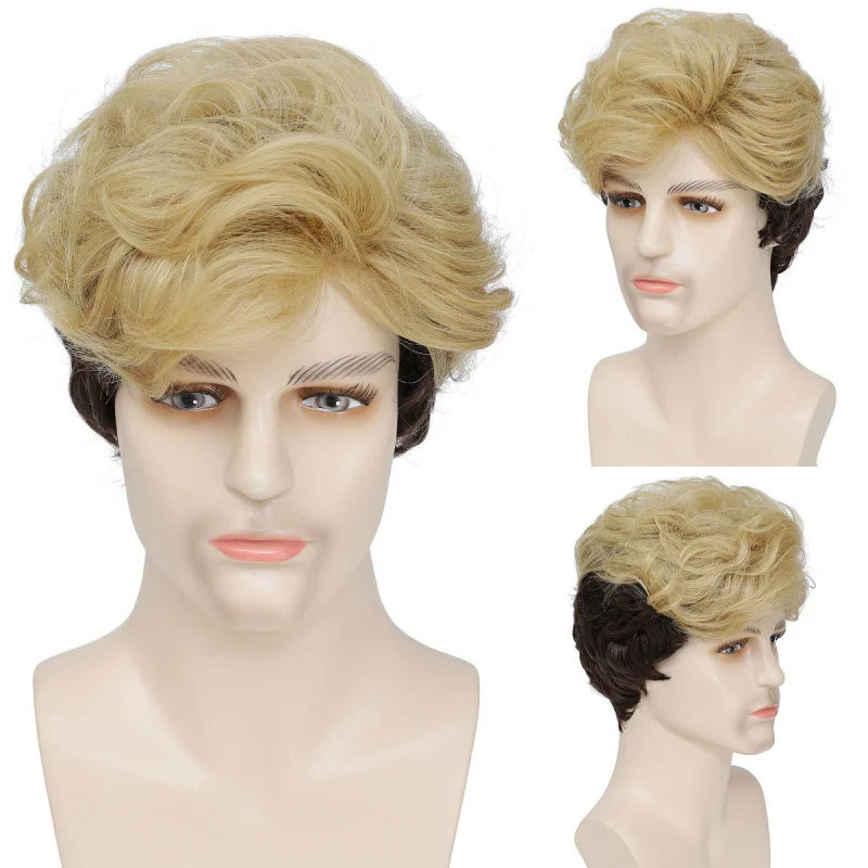 

New 's Brown-Black Fluffy Short Curly Hair European and American Men's Wig