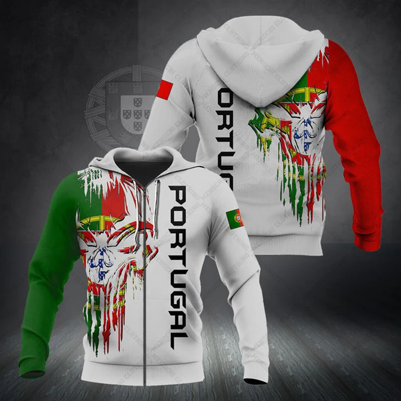 Customize Portugal Emblem Skull Pattern Zipper Hoodies Loose Unisex Oversize Sweatshirts Winter Casual Streetwear Tops Pullover