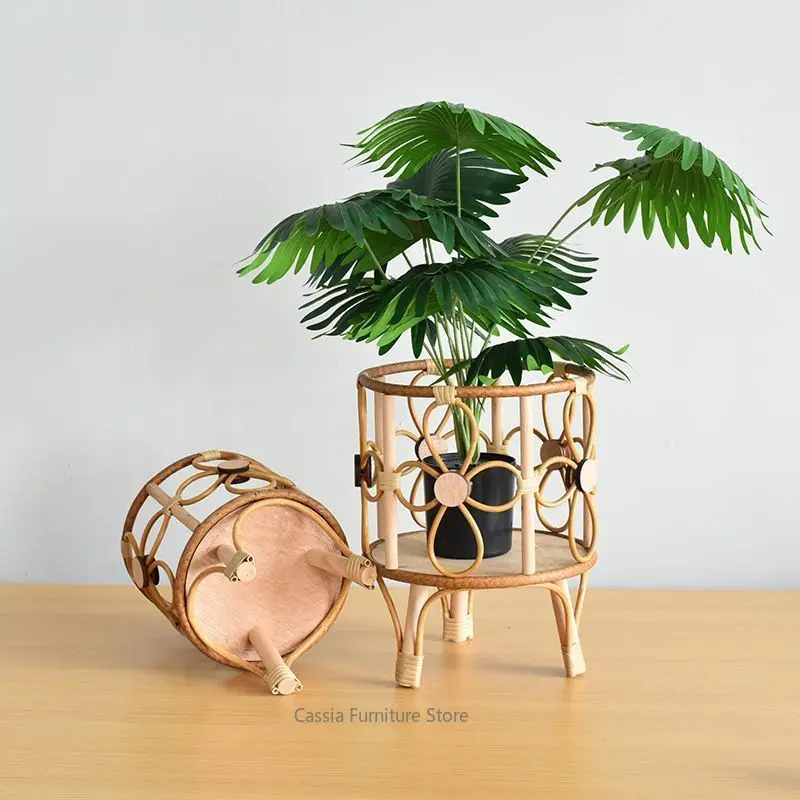 Rattan Floor Flower Stand for Balcony, Woven Plant Basket for Living Room, Rustic Natural Fiber Holder for Indoor Greenery