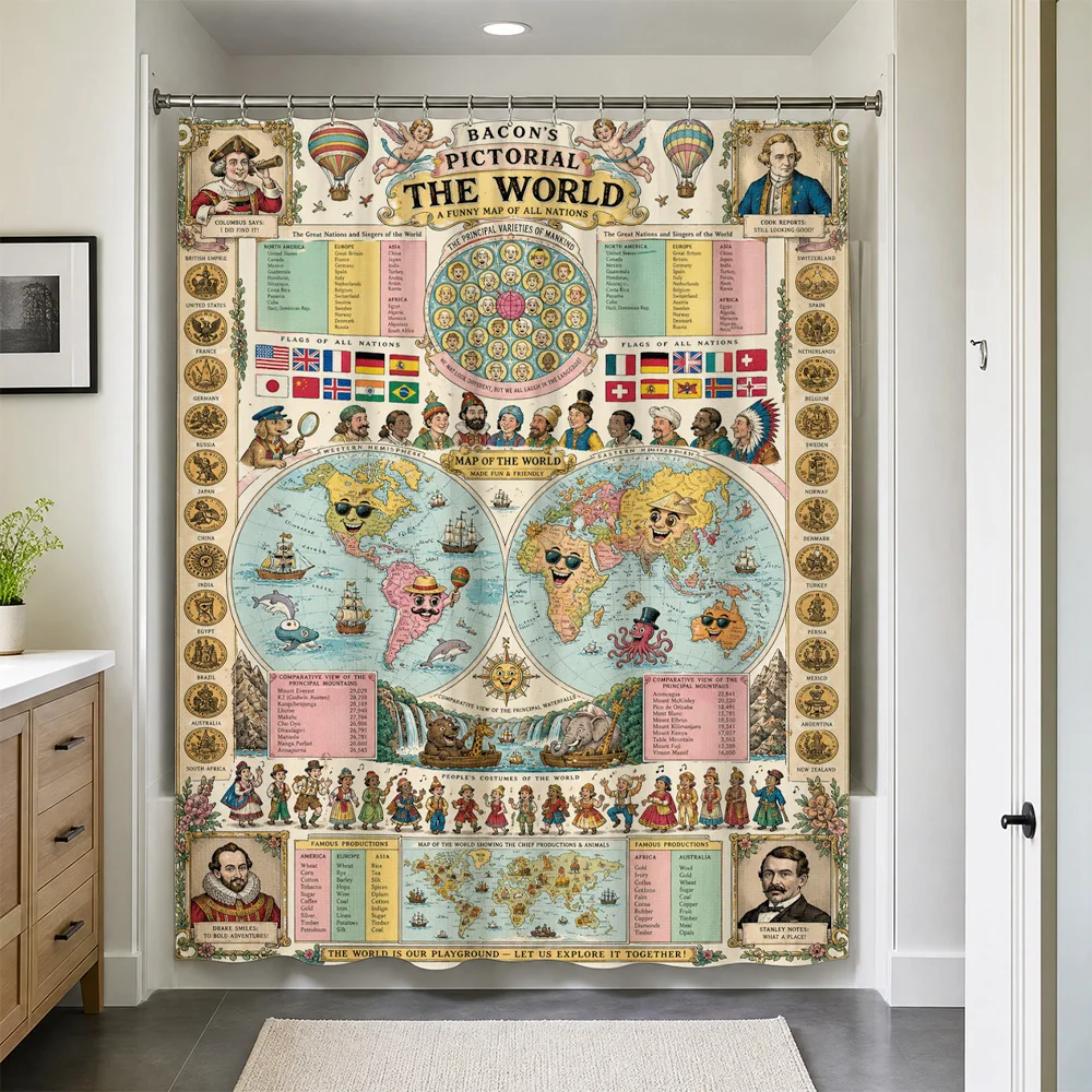 Antique World Map Shower Curtain Bathroom Decor Nautical Vintage Travel Poster Educational Print Retro Bathroom Tapestry