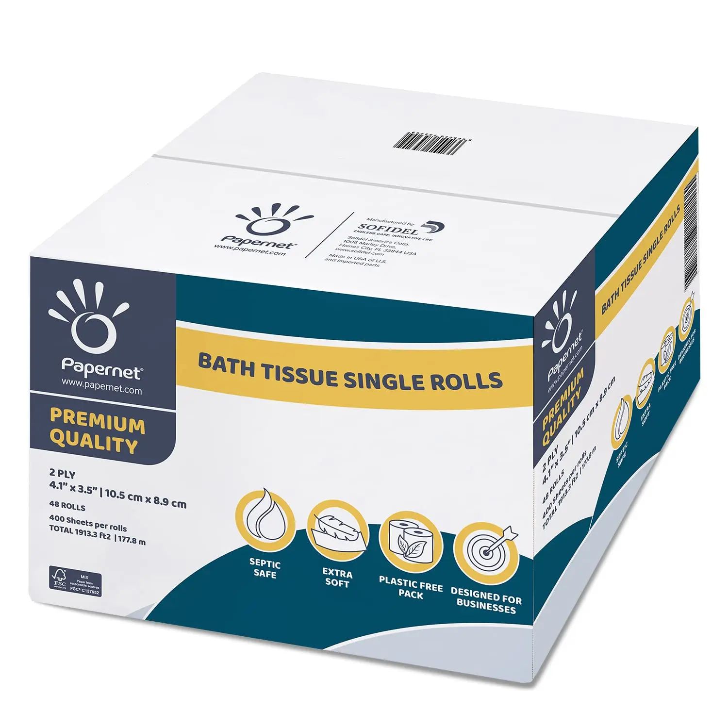 

Премиальная двухслойная туалетная бумага, 48 рулонов по 400 листов каждый, совместима с универсальными диспенсерами.