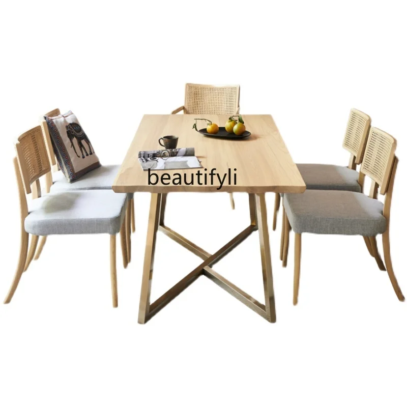 

Solid Wood Dining Tables and Chairs Set Rattan Household Minimalist Nordic Homestay Hotel Rectangular Silent Style Dining Table