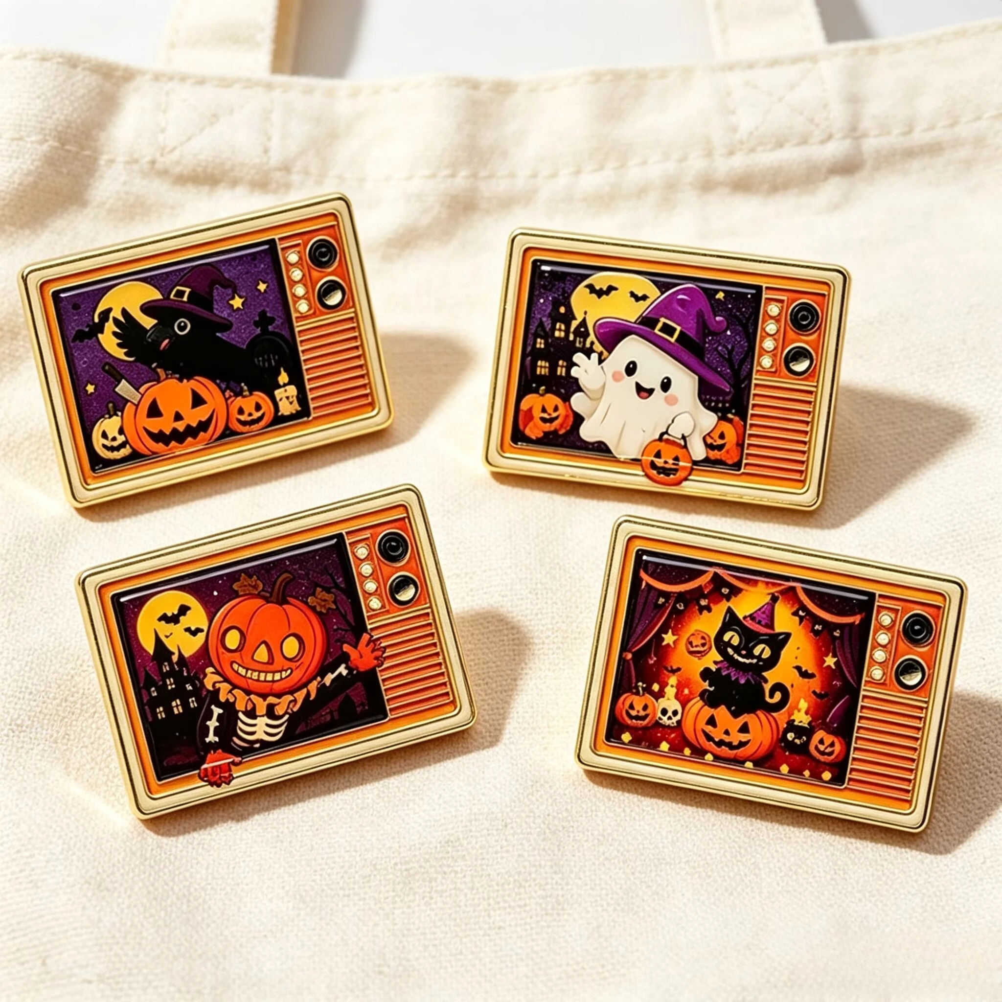 Cartoon Halloween TV Enamel Brooches Lapel Pins Crow Pumpkin Ghost Witchcraft Black Cat TV Metal Badge Jewelry Gift For Fans