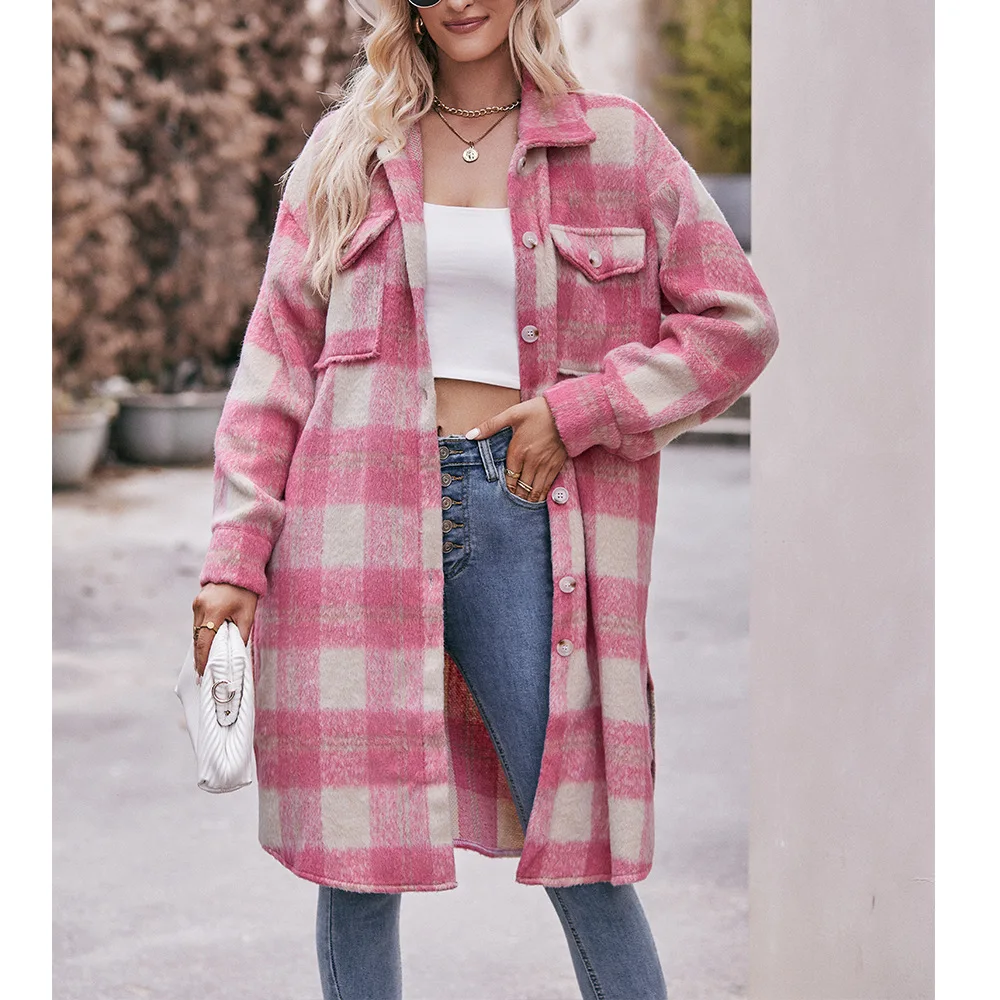 2024 autunno inverno giacca in Tweed da donna lungo Plaid cappotti monopetto Trench Oversize da donna capispalla caldi femminili