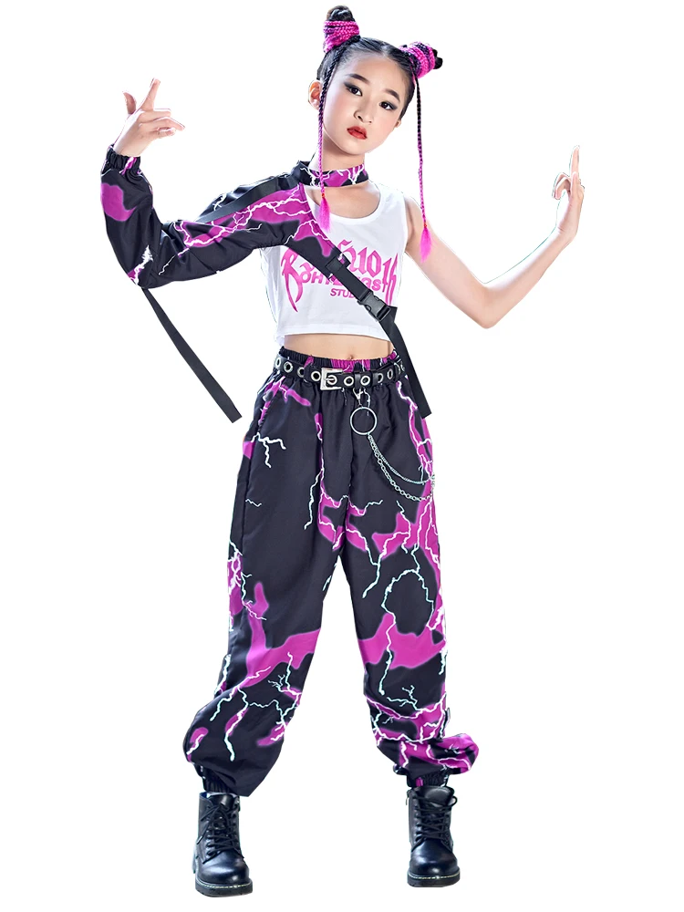 New Girls Jazz Dance Costume One-Sleeve Suit Navel Loose Hip Hop Clothing Children Concert Street Dance Performance Wear BL8186