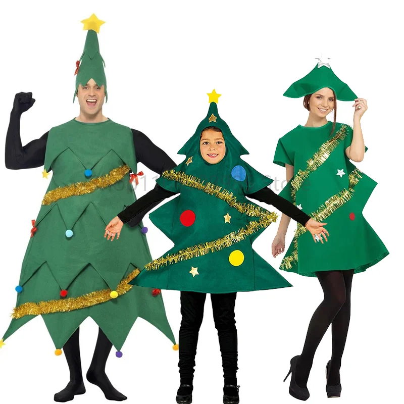 

Parent-Children Cosplay Costume Cute Christmas Tree Shaped Short Sleeve Dress for Adults children Green Christmas Clothing
