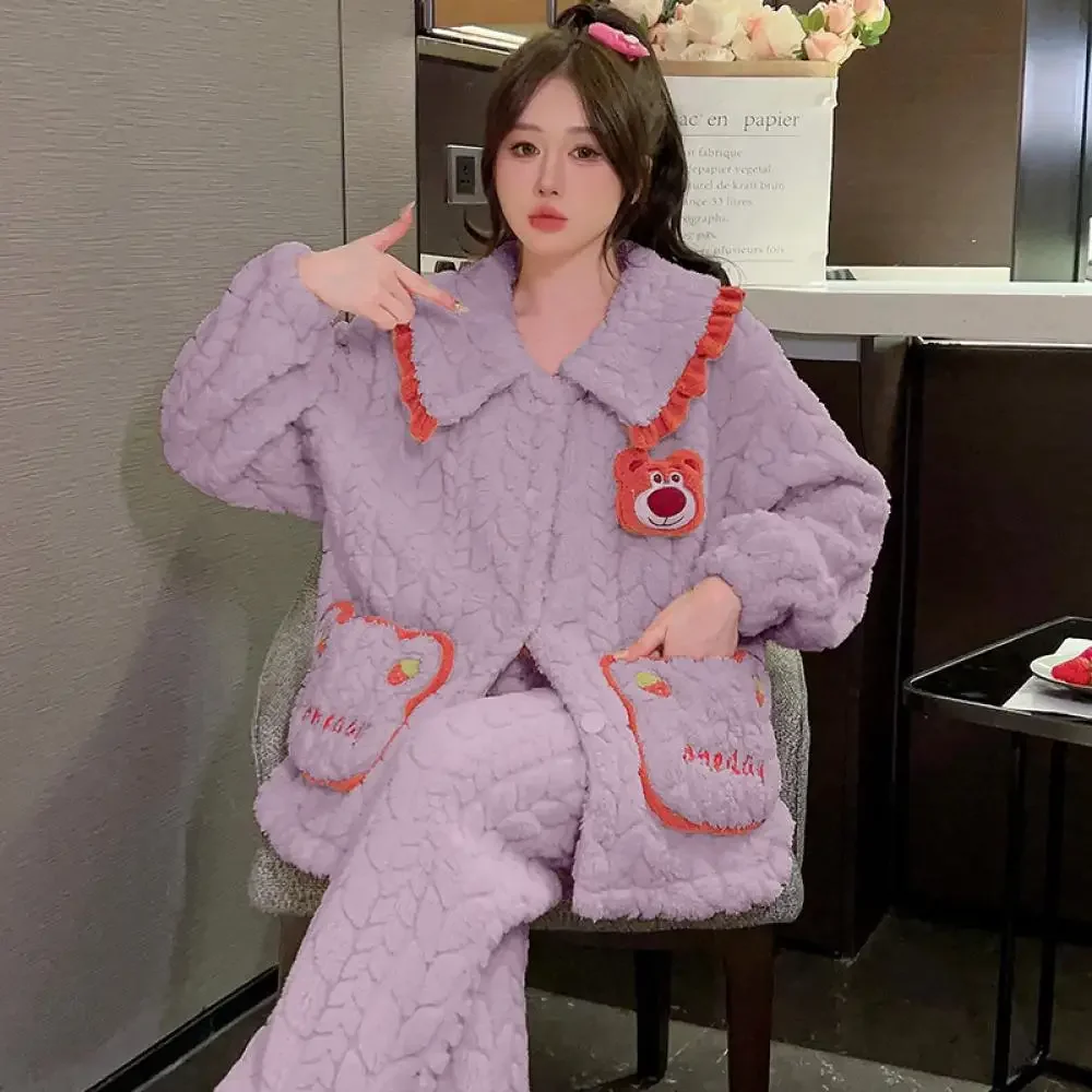 Hachiware Winter Large Size 2Pcs Plush Pajama Set Kuromi Sanrioed Women Anime Cartoon Thicken Warm Coral Fleece Home Clothes