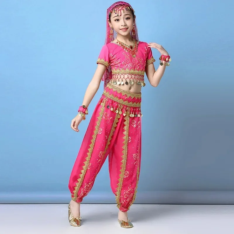 Zestaw strojów do tańca brzucha dla dzieci, strój do występów, Bollywood, Egipski taniec, taniec indyjski, szyfon, 4 kolory, korona, spodnie, zestaw dla dziewczynek