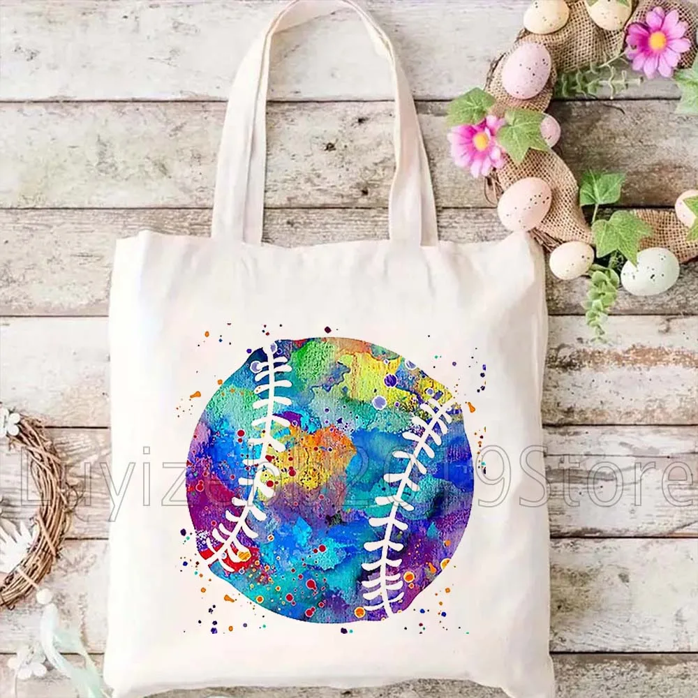 Baseball Ball Softball Player Sports Watercolor Cute Gifts Women Canvas Tote Bag Harajuku Shoulder Handbag Shopper Shopping Bags