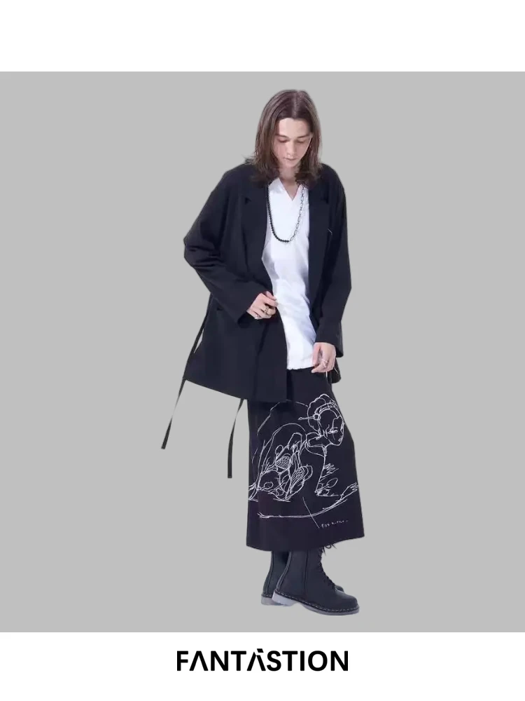 

Брючная юбка FANTASTION с вышивкой фигуры девушки, эластичная талия, унисекс, большой дизайн с широкими штанинами, повседневная повседневная одежда до щиколотки