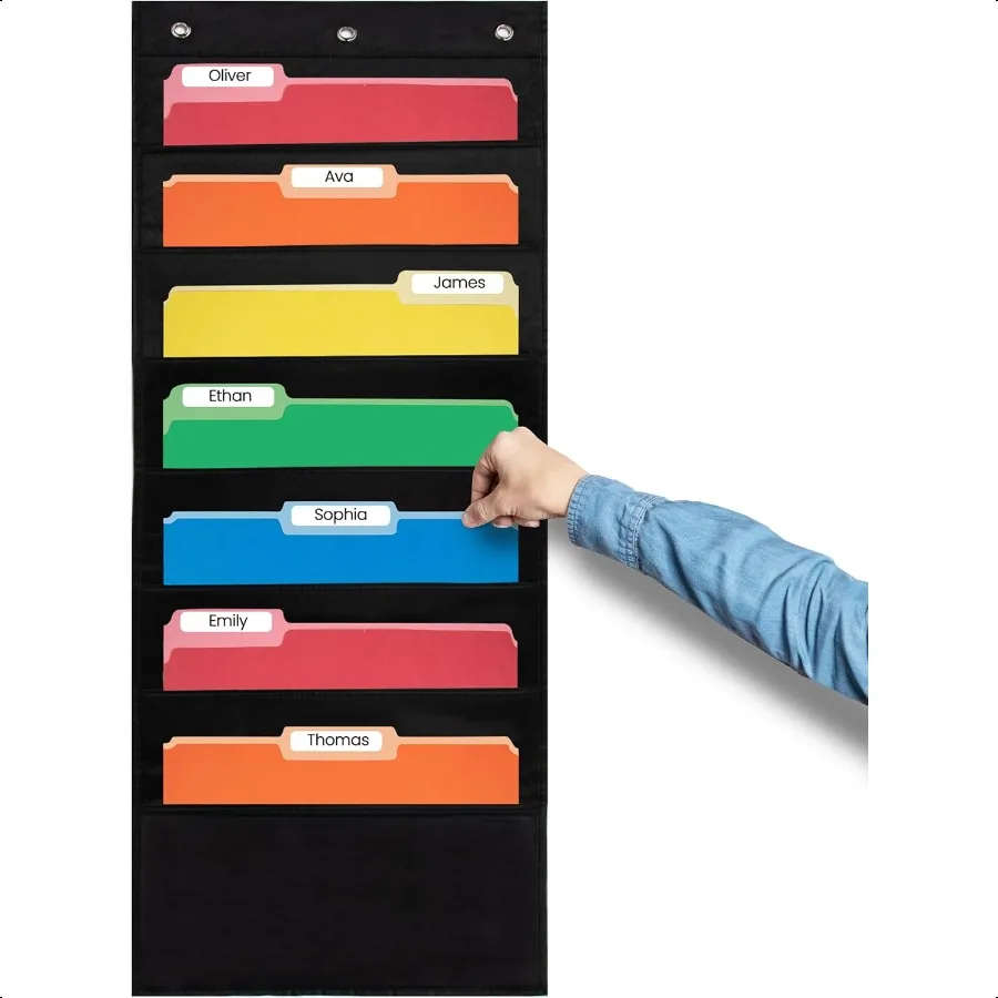 7 Pocket File Pocket Chart Black Tall Versatile Wall Hanging File Folder Organizer for Classroom Office Home and More Wall Fold
