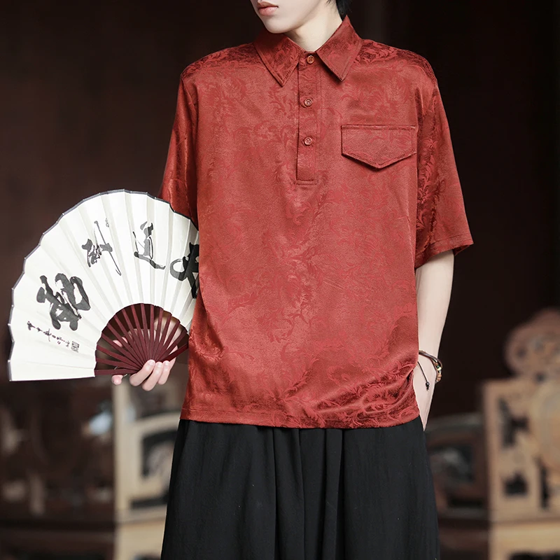 2025 Trendy Summer Jacquard Short Sleeve Shirt for Men Breathable Pullover Casual Top with Floral Pattern Lightweight & Style