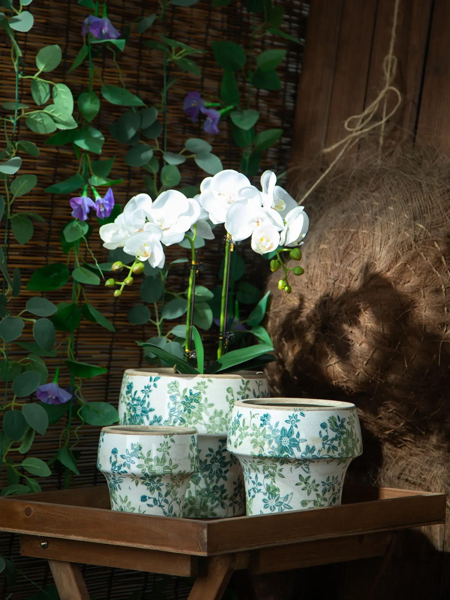 Vintage Blue and White Porcelain Round Ceramic Flower Pot Handmade Pastoral Style For Orchid Green Radish Home Decor Ornament