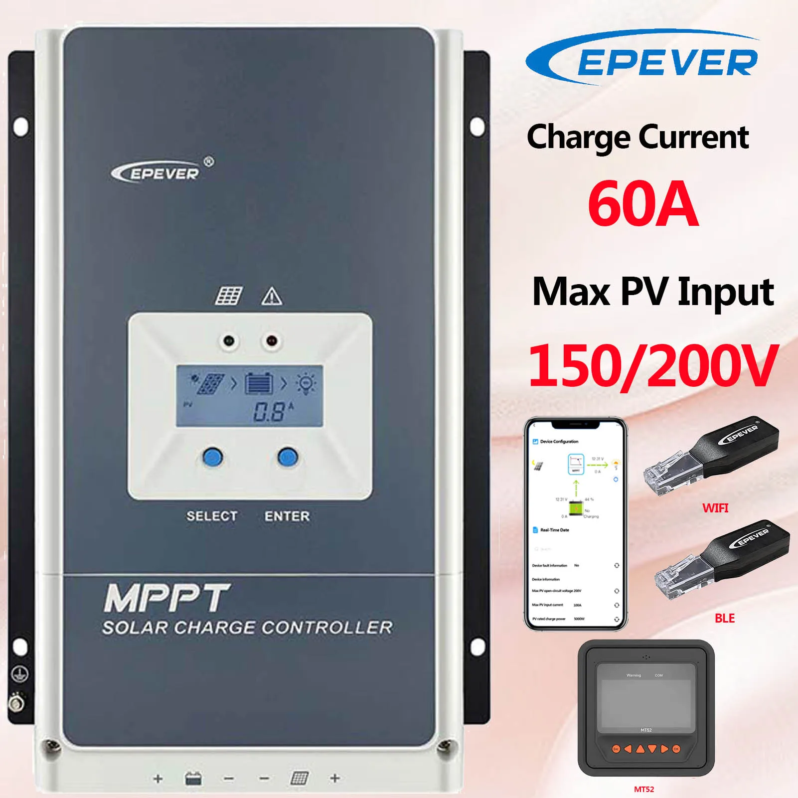 EPEVER 60A MPPT Solar Charge Controller Auto Identify Battery Voltage 12V/24V/36V/48V Max PV Input 150V or 200V