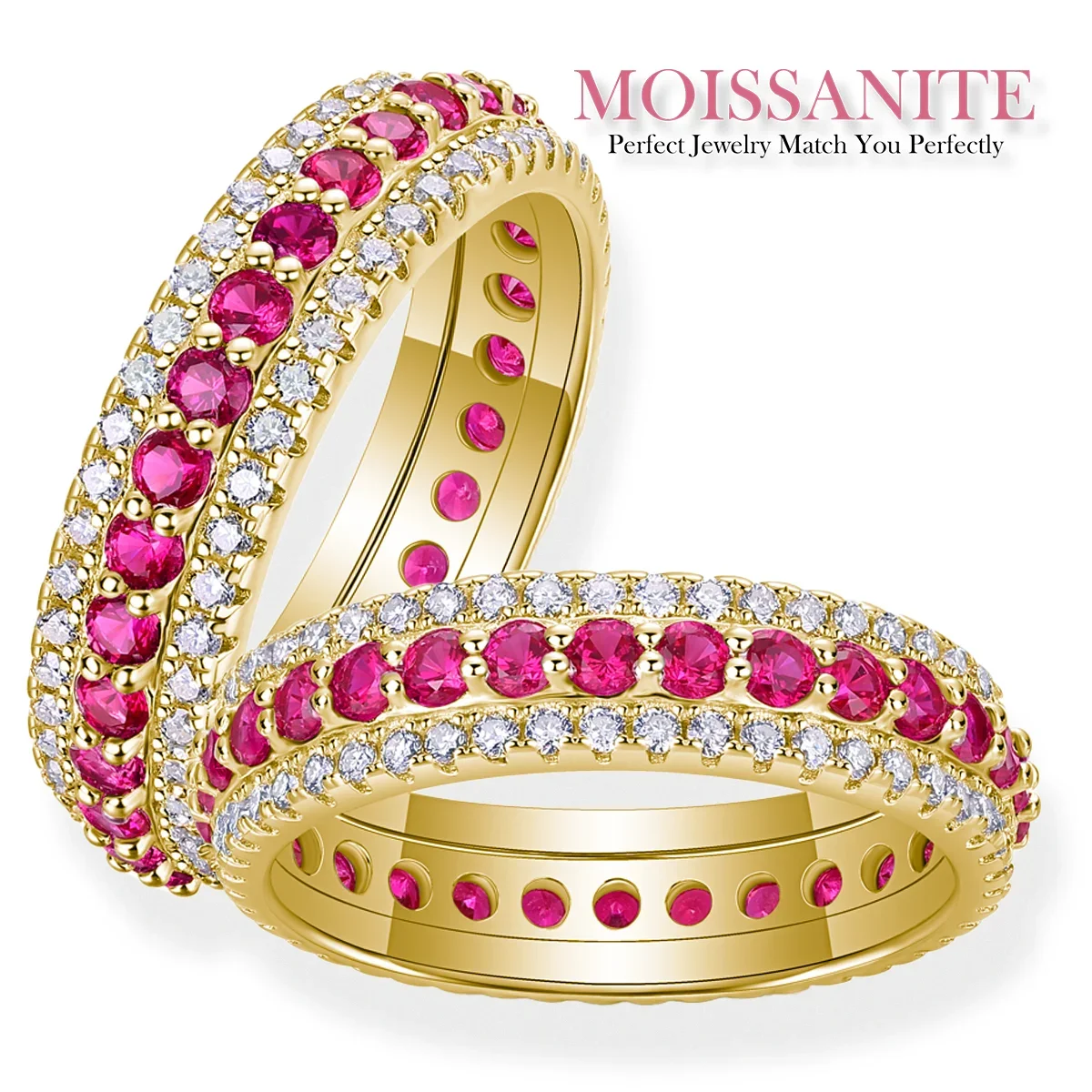 

Elegant Gold-Plated S925 Sterling Silver Ring, Adorned with Synthetic Ruby and Sparkling Moissanite Gems