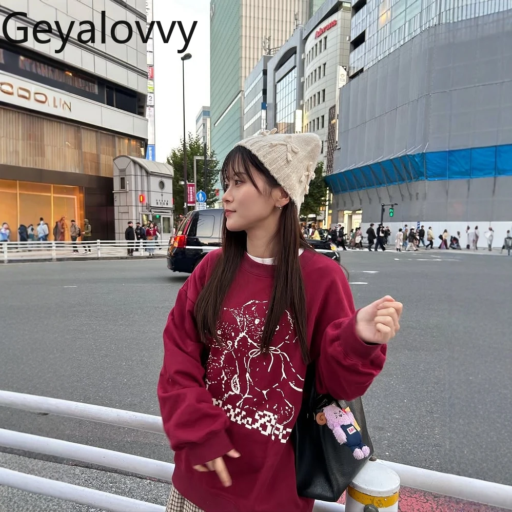 Słodkie, uniwersalne bluzy z kapturem z nadrukiem kreskówkowym, luźny krój, jesień-zima, nowa bluza z okrągłym dekoltem, długi rękaw, frotte, dla kobiet.