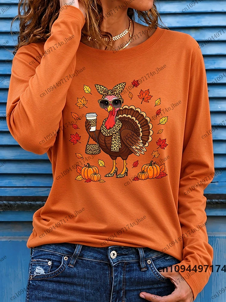 2026 Thanksgiving Day Leopard Turkey Print Women's Long Sleeve T-shirt Autumn Casual Streetwear Tees Oversized Unisex Tops