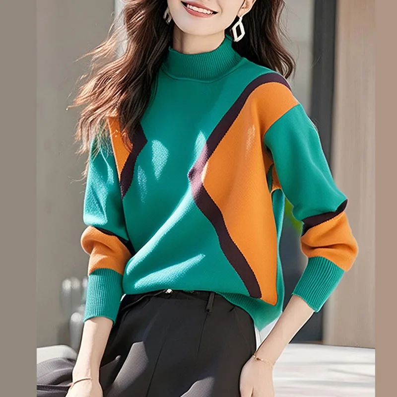 

Knitted Sweater Women Pullovers Knitwears New Patchwork Long Sleeve Knit Sweater Pullover Women Tops Mock Neck Sweaters Q3178