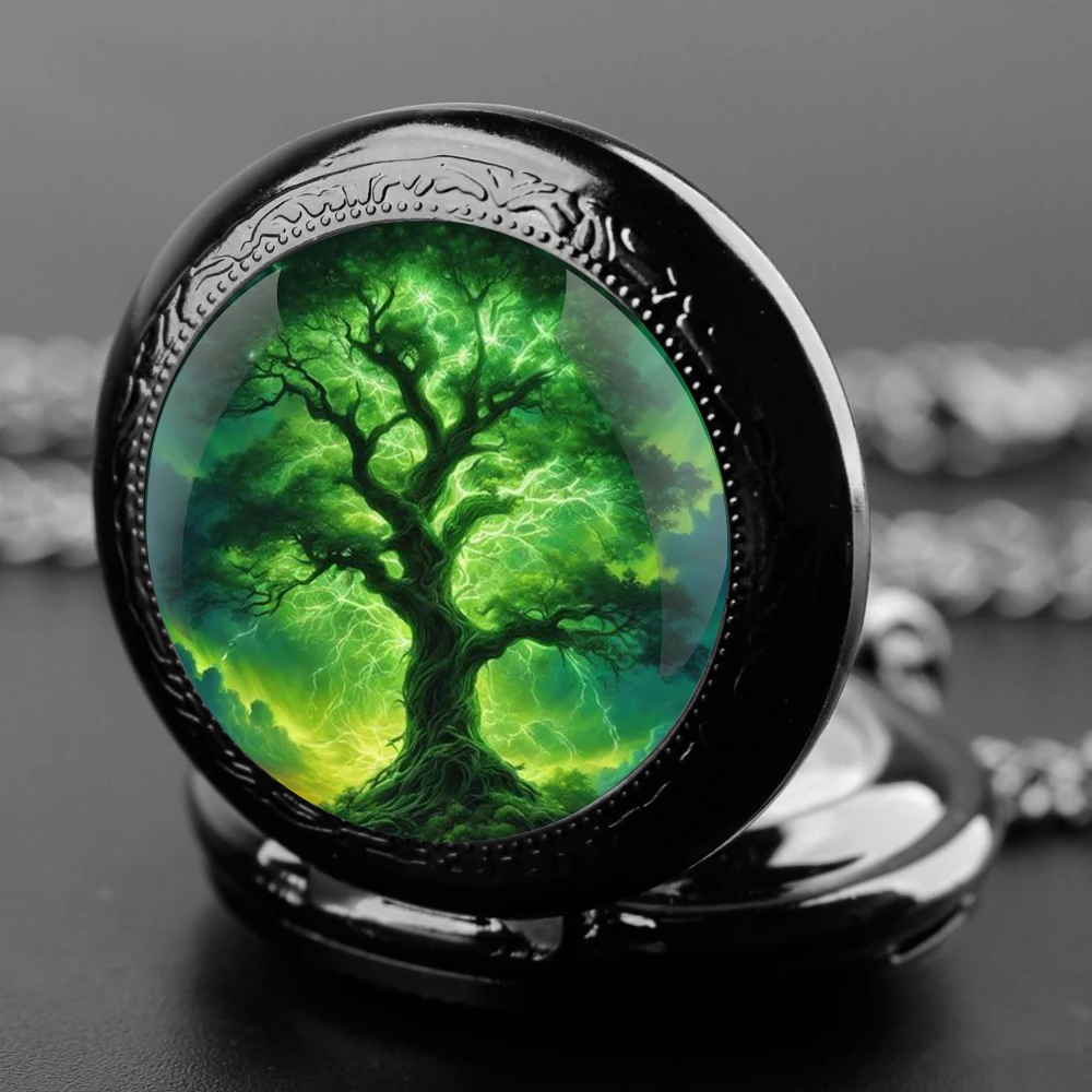 Exquisite Tree of Life Glass Dome Quartz Pocket Watch Necklace Pendant Gifts For Women Man with Fob Chain