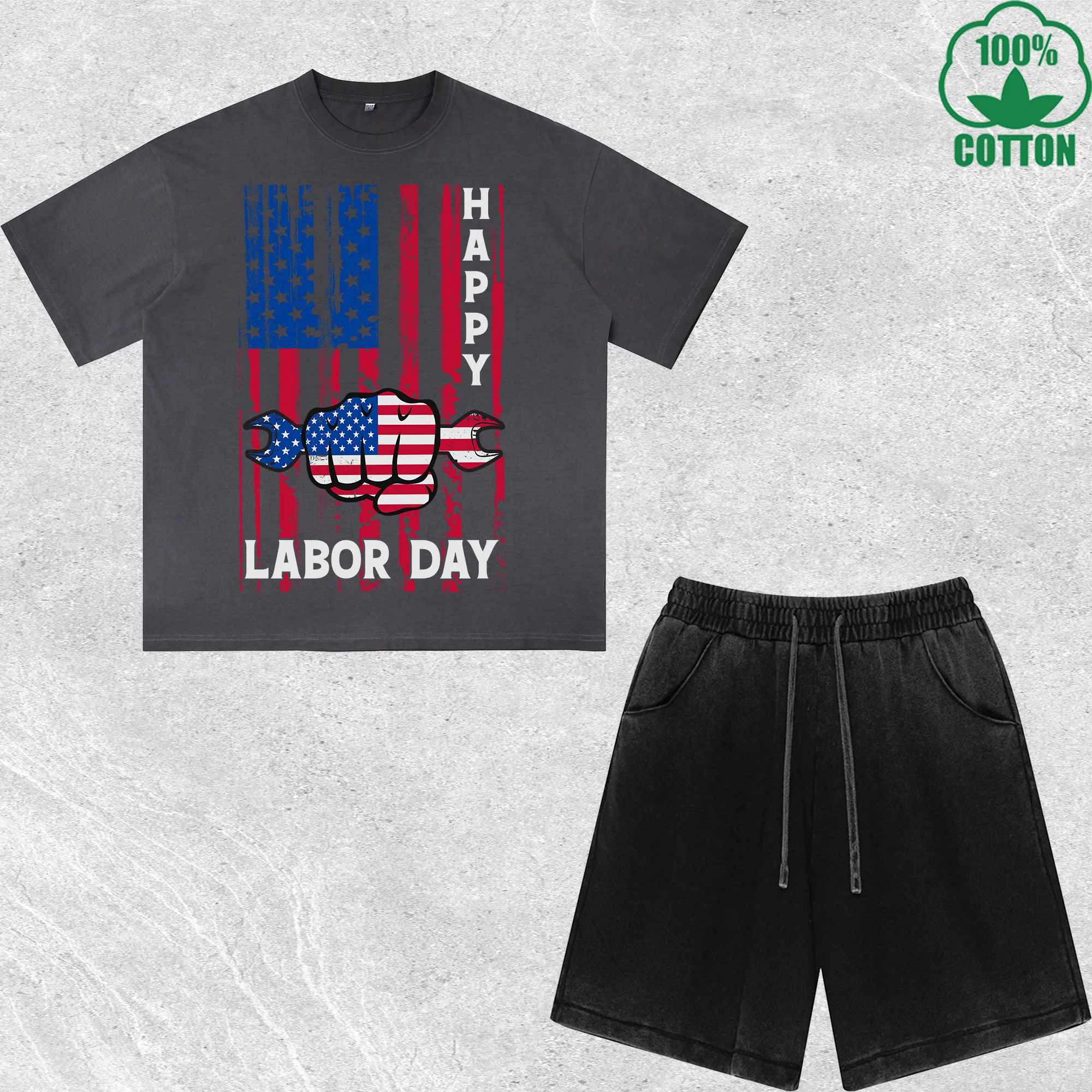 

Labor Day Printed Dirty Wash T-Shirt Shorts Set Multicolor Combo Loose Trendy Fashionable 100%Cotton Short Value Pack
