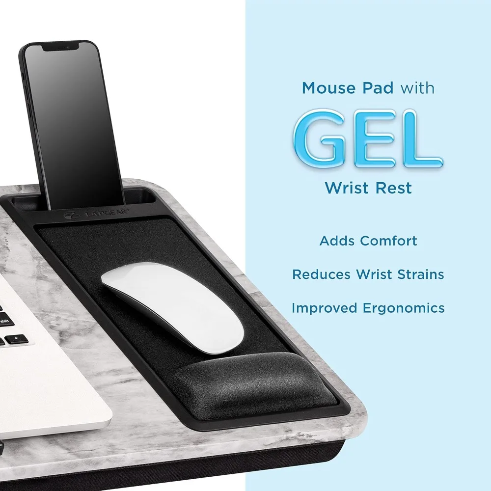 Extra Large Adjustable Lap Desk with Gel Wrist Rest, Mouse Pad, Phone Holder - White Marble for Laptops up to 17.3 Inch