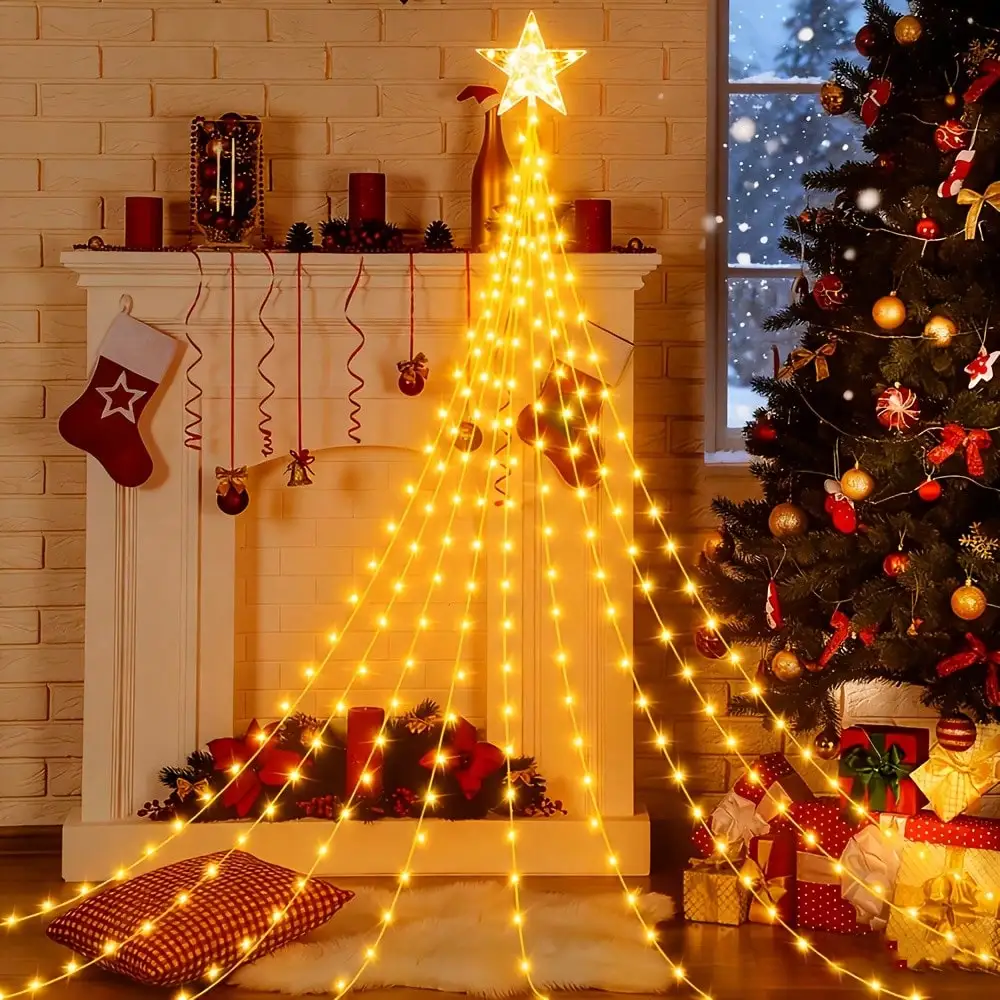 Solar Five-Pointed Star Waterfall Light: 210LED 6.56Ft 8 Modes, Multi/Warm Color Outdoor Xmas Decor