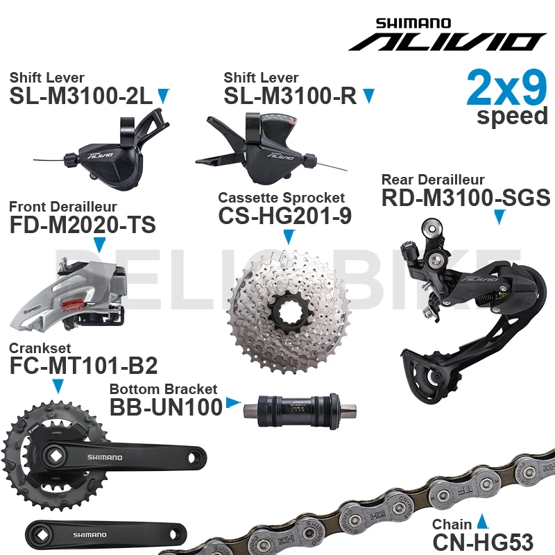 SHIMANO ALIVIO M3100 2x9 Speed Groupset with Shifter REAR and M2020 Front DERAILLEUR HG200 Cassette Sprocket COG Chains