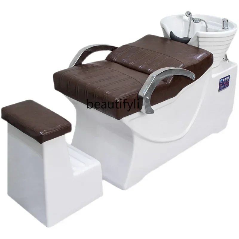 

High-End Lying Half Shampoo Chair Barber Shop Glass Steel Belt Water Heater Massage Flushing Bed