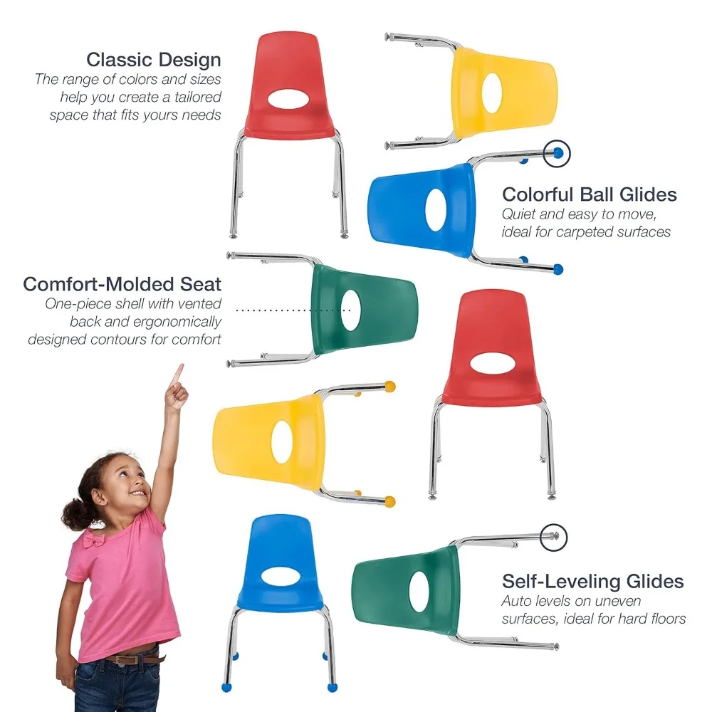 16" School Stack Chair, Stacking Student Seat with Chromed Steel Legs and Nylon Swivel Glides, School Chairs