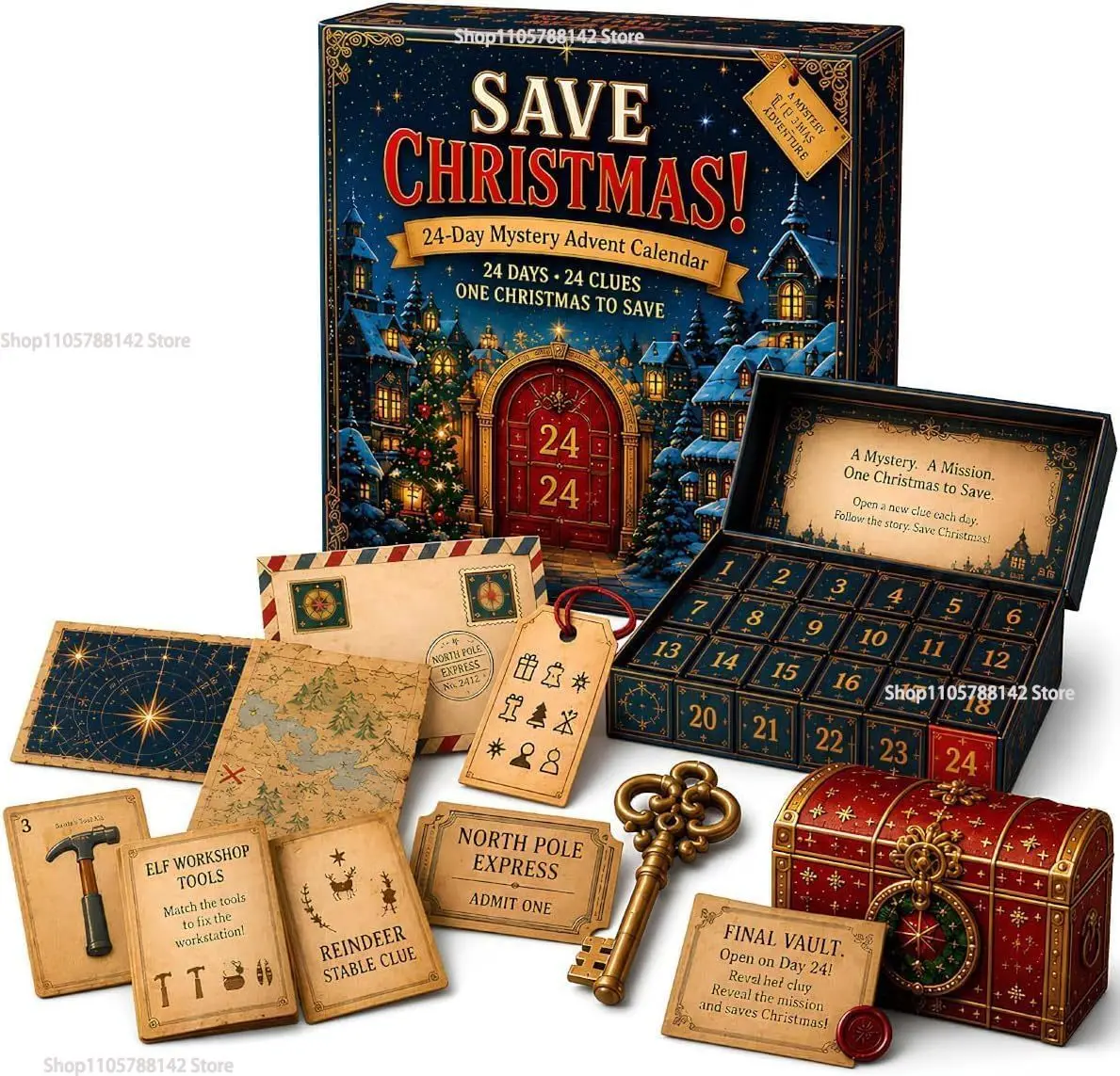 Mystery Adventure Advent Calendar Christmas 24-Day,6 Story Themes Countdown Open A New Discovery Every Day Escape Room