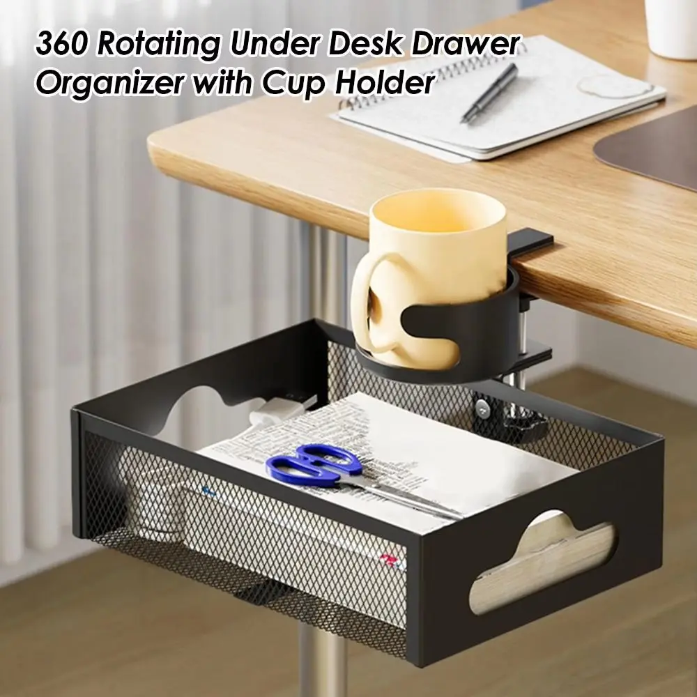 

360 Degree Rotating Under Desk Storage Rack No Drill High Load Capacity Desktop Stationery Shelf with Cup Holder Carbon Steel