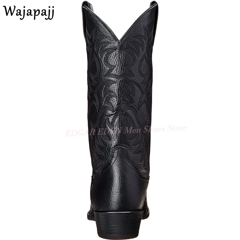 Men Retro Style West Cowboy Mid-Calf Boots Square Heel Male Fashion Winter Autumn Round Toe Side Zipper Black High Top Boots