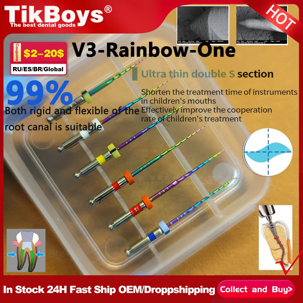 6pcs/Pack Dental Double S-shaped Rainbow One Files Rotary Super File Endodontic Root Canal Endo 15#20#25 Endomotor Odontoiatria