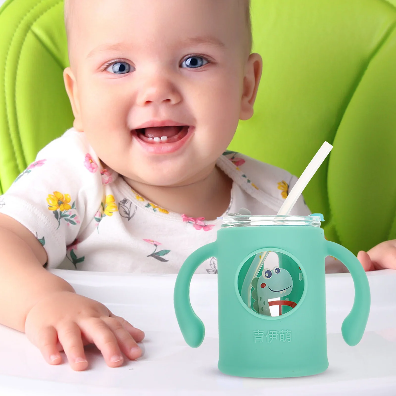 Taza de cristal de dibujos animados con doble asa para niños pequeños, vaso con pajita a prueba de fugas y a prueba de derrames para beber agua para bebés, vaso con asa y pajita
