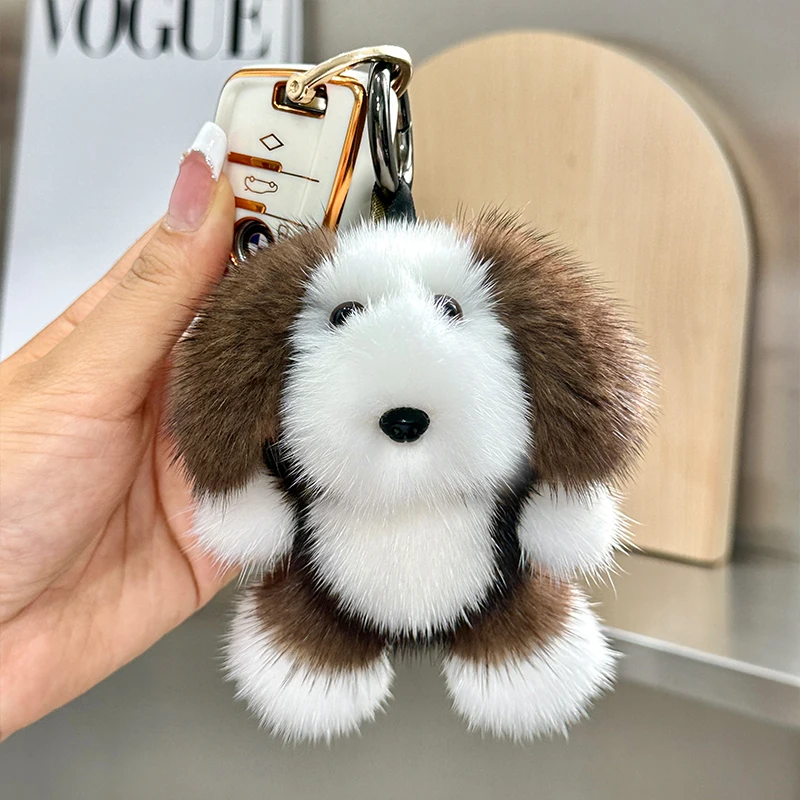 Plush Real Mink Fur Dog Pendnat Keyring Cute Puppy Kids Women Bag Car Key Ring Ornaments Charm Keychain Birthday Gifts