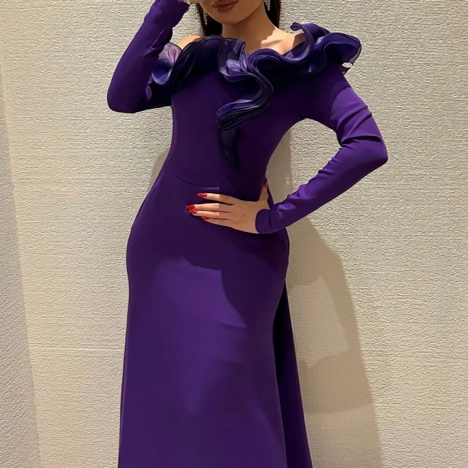 Robe de soirée sirène élégante et Sexy, épaules dénudées, manches longues, volants, tissu extensible, traîne Court, robe de bal, personnalisée gratuitement, 2025