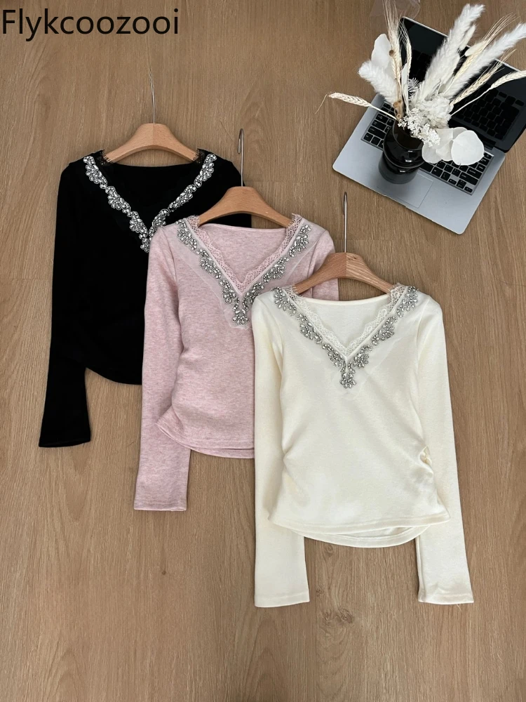 French Sexy Style Diamond-encrusted V-neck Sweater for Women in Autumn and Winter Slimming Inner Layering Top Pull Coreen