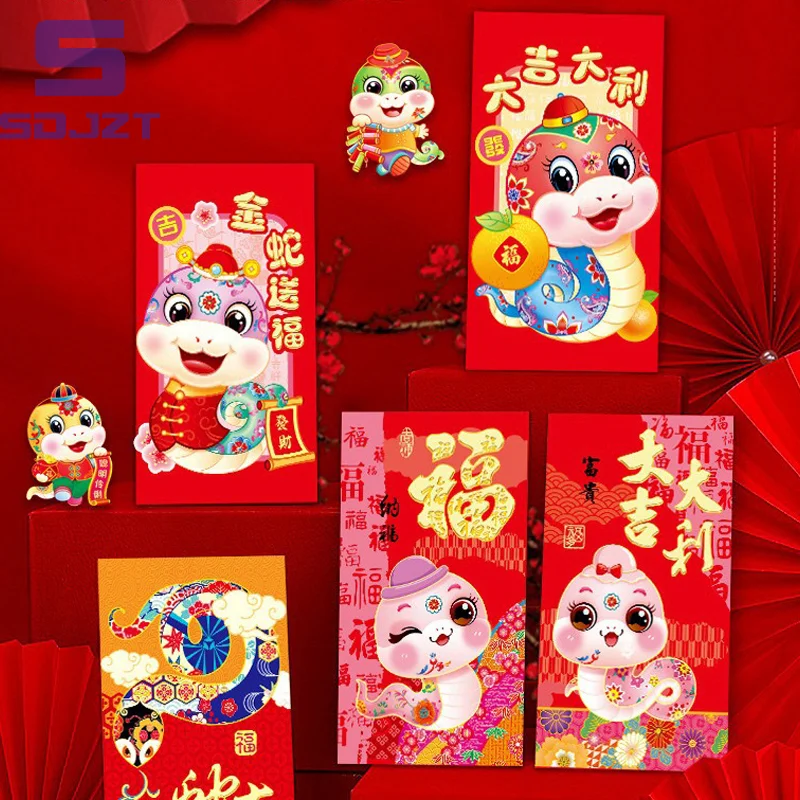 6Pcs 2025 The Year Of Snake Spring Festival Red Envelopes Luck Money Bag Bless Pocket Red Packet Chinese New Year Decoration