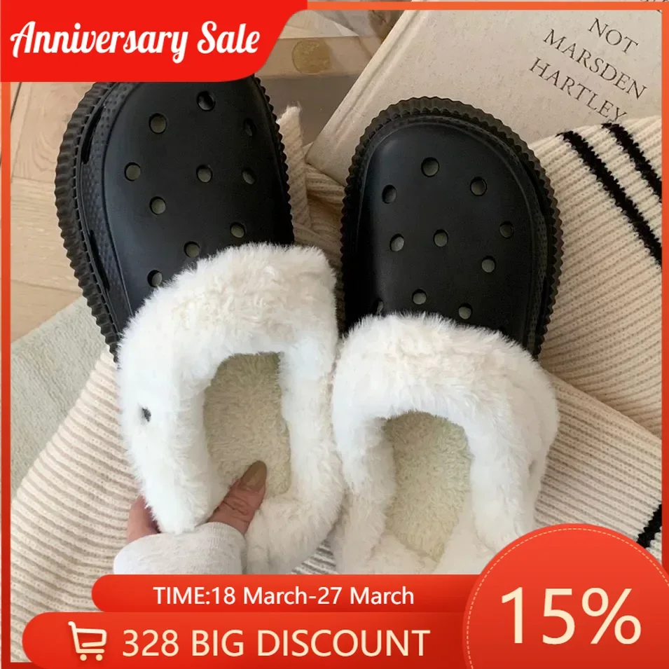 

Winter Lazy Velvet Removable Cotton Slippers Women's Casual Simple Solid Color Simple Hollow Out Shoes Warm