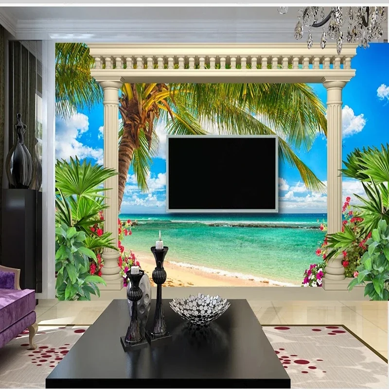 Custom Wallpaper Poster Roman Column Beach Sea View 3D Mural For Living Room TV Sofa Home Decor Background Wall Cloth Fresco
