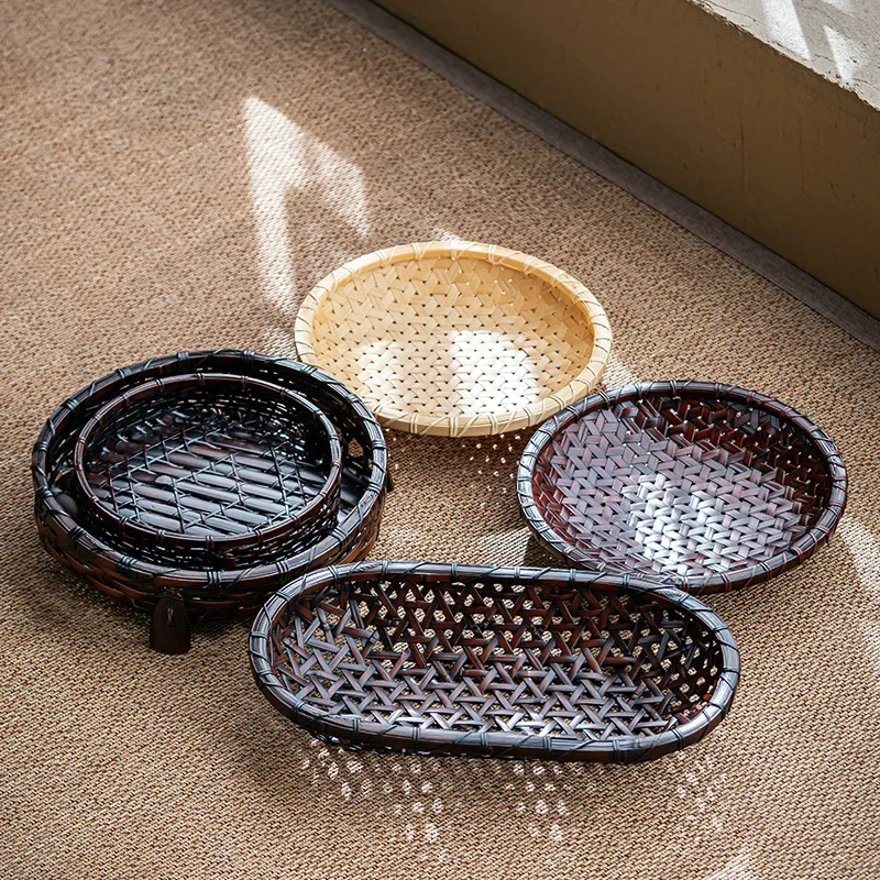 

Bamboo Refreshment Plate Chinese Ancient Tea Room Round Dim Sum Plate Set Storage Basket Stove Dried Fruit